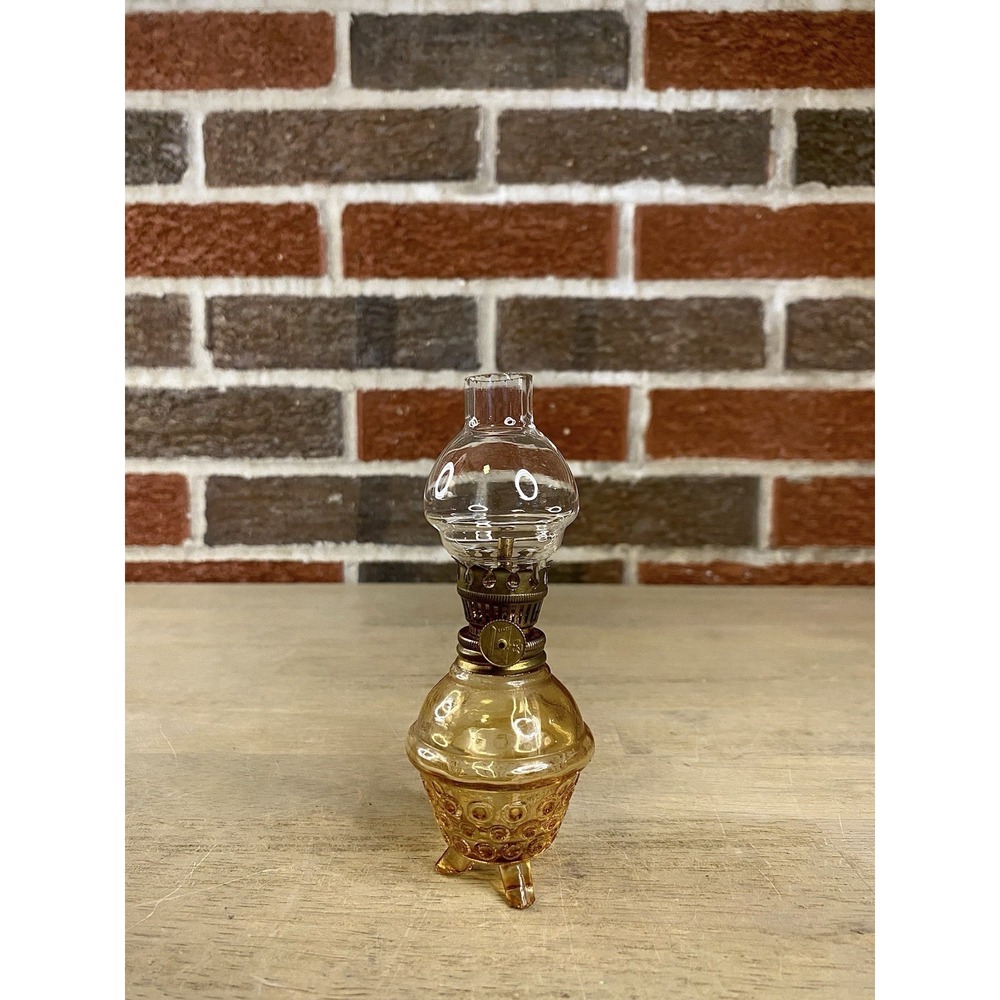 Vtg Mini Kerosene Oil Lamp 60s Hurricane Lantern MCM Amber Patio